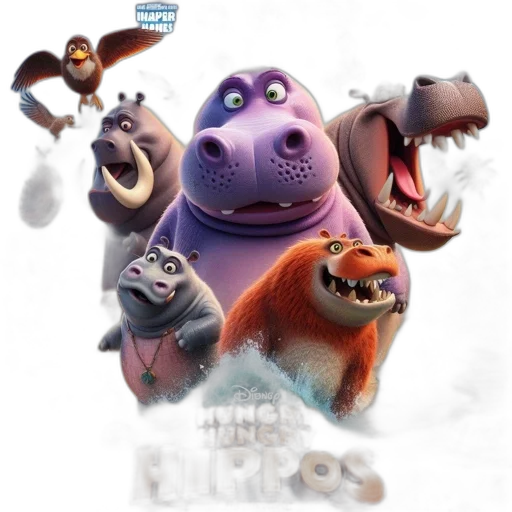 concept art, 3d render, fire, vibrant, poster, hungry, hippos, movie transparent PNG cut-out