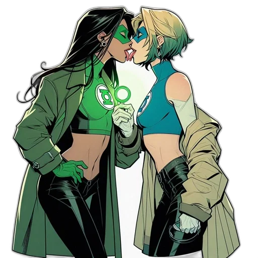 comic book art, green, two, animated, female, characters, lean, kiss transparent PNG cut-out