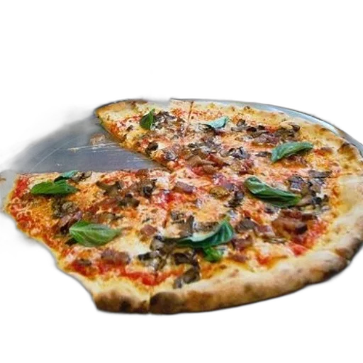 food, 3d render, photorealistic, large, pizza, mushrooms, basil, sits transparent PNG cut-out