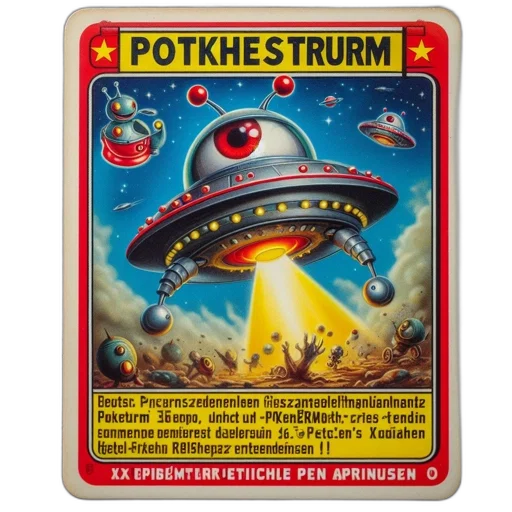 robot, outer space, vintage-styled, trading, card, features, illustrated, ufo transparent PNG cut-out