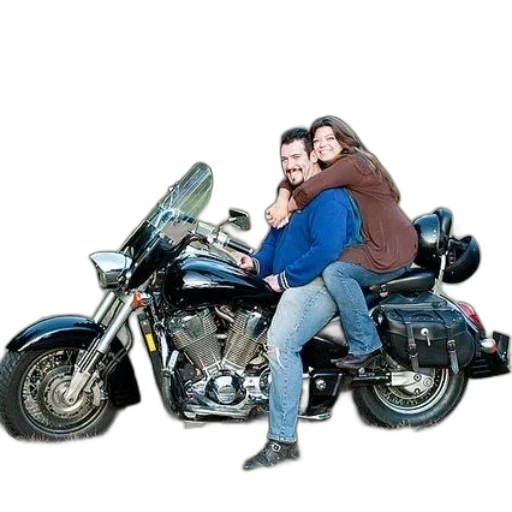 jacket, photorealistic, couple, sits, motorcycle, field, greenery, behind transparent PNG cut-out