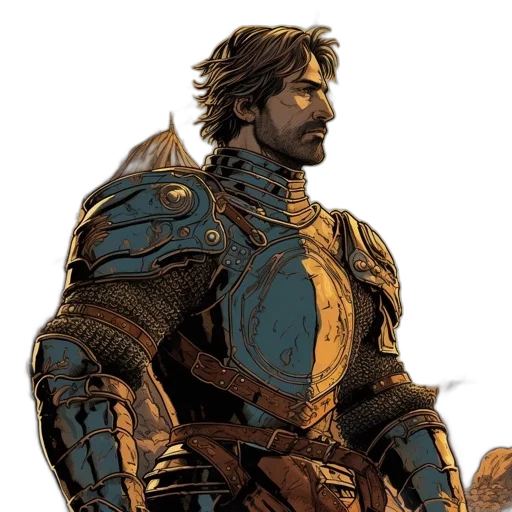sword, concept art, comic book art, fantasy art, blue, golden, earth tones, man transparent PNG cut-out