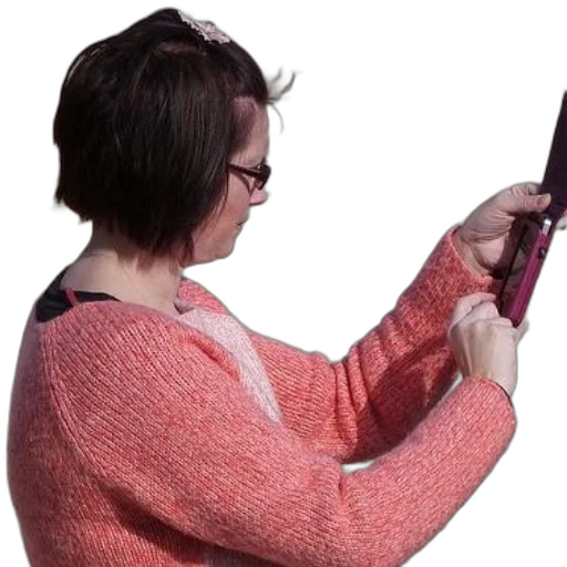 weapon, staff, jacket, sword, woman, orange, sweater, holding transparent PNG cut-out