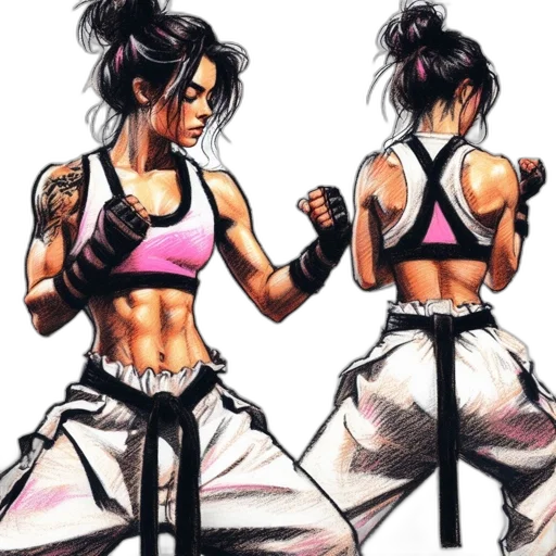 concept art, comic book art, anime, watercolor, athletic, woman, pink, black transparent PNG cut-out