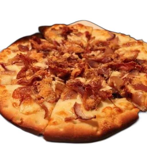 food, photorealistic, 3d render, delicious-looking, pizza, bacon, toppings, sits transparent PNG cut-out