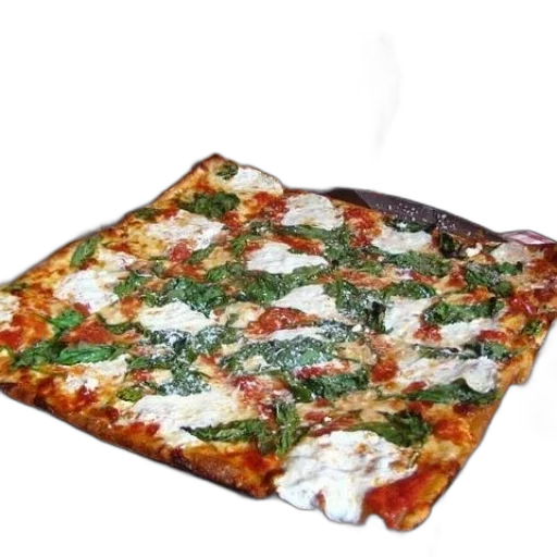 food, 3d render, square, pizza, spinach, cheese, red, white transparent PNG cut-out