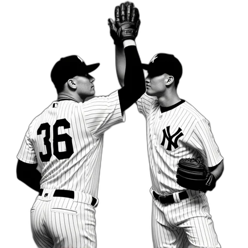 photorealistic, concept art, two, yankees, players, their, hands, raised transparent PNG cut-out