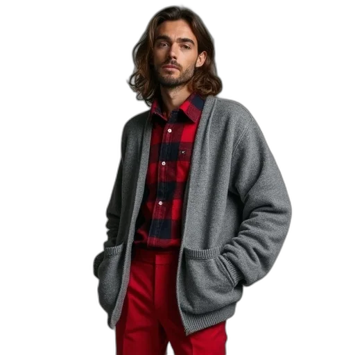 jacket, red, man, long, hair, wearing, grey, oversized transparent PNG cut-out
