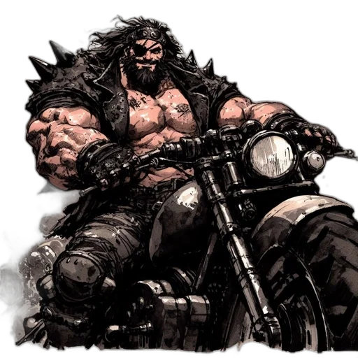 weapon, comic book art, concept art, fantasy art, photorealistic, rugged, biker, long transparent PNG cut-out