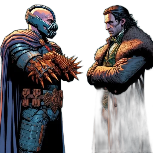 comic book art, concept art, stern, man, armor, another, contemplative, coat transparent PNG cut-out