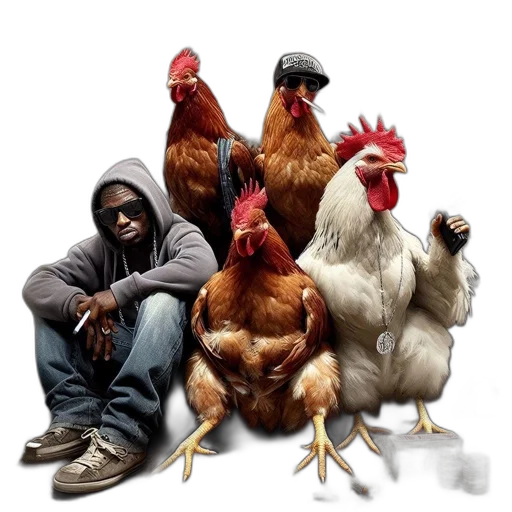 animal, man, sits, ground, urban, setting, surrounded, chickens transparent PNG cut-out