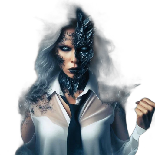 mask, staff, face, concept art, fantasy art, comic book art, cyberpunk, woman transparent PNG cut-out