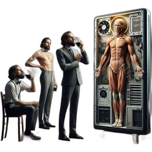 robot, concept art, comic book art, three, men, present, room, grayish transparent PNG cut-out