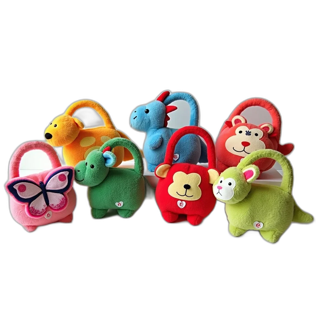 3d render, collection, colorful, plush, animal-shaped, handbags, displayed, white transparent PNG cut-out