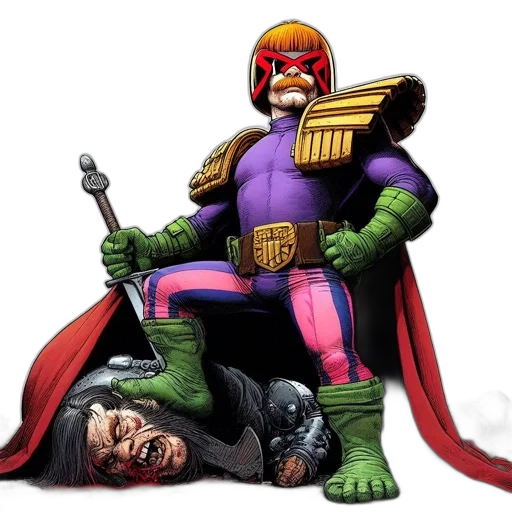 comic book art, concept art, illustrated, scene, features, judge, dredd, dynamic transparent PNG cut-out