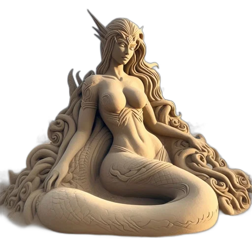 3d render, fantasy art, concept art, photorealistic, sand, sculpture, detailed, mermaid transparent PNG cut-out