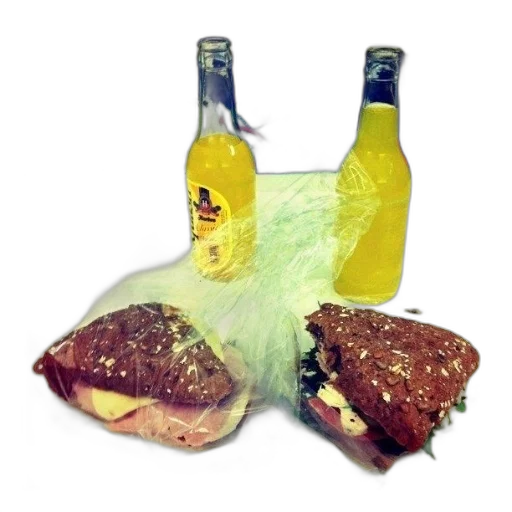 food, bottle, jacket, photorealistic, two, sandwiches, table, bottles transparent PNG cut-out