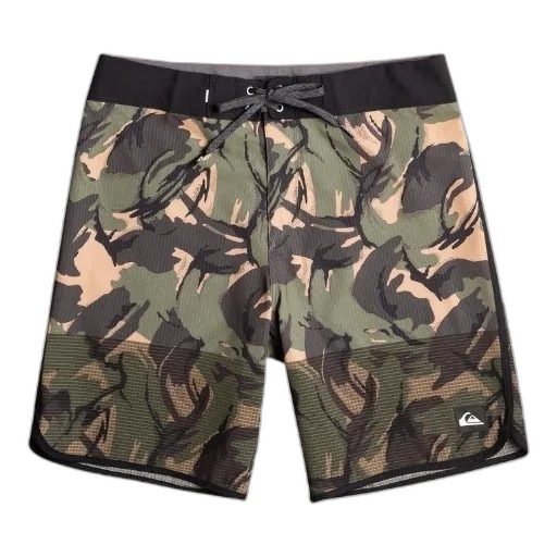 pair, camouflage-patterned, board, shorts, black, waistband, drawstring transparent PNG cut-out