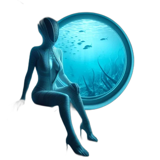 creature, concept art, 3d render, underwater, blue, human, figure, sits transparent PNG cut-out