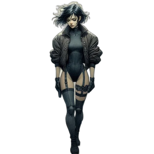jacket, dress, concept art, cyberpunk, comic book art, fantasy art, dark, monochrome transparent PNG cut-out