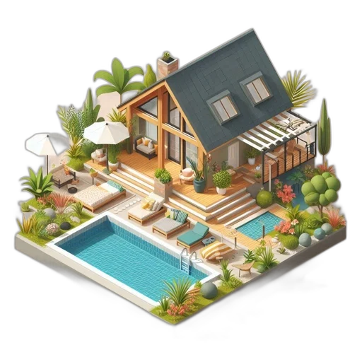 furniture, building, 3d render, concept art, photorealistic, pixel art, beach, earth tones transparent PNG cut-out