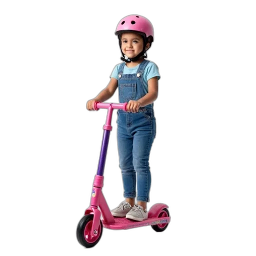 young, girl, standing, pink, scooter, purple, handlebar, wearing transparent PNG cut-out