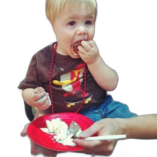 food, child, red, necklace, eats, cake, while, sitting transparent PNG cut-out