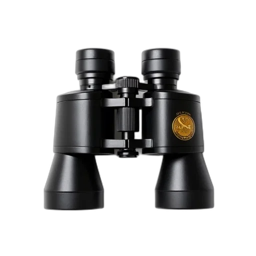 pair, black, binoculars, gold, emblem, right, side, displayed transparent PNG cut-out