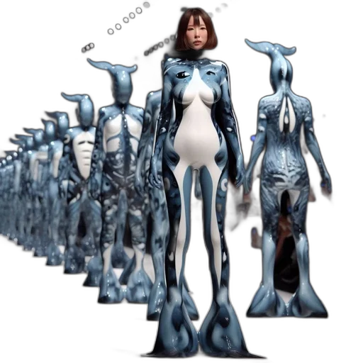 robot, dress, creature, concept art, 3d render, outer space, blue, models transparent PNG cut-out