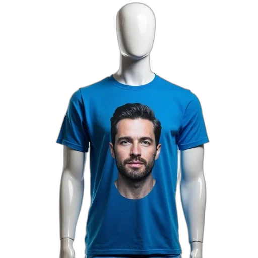 blue, mannequin, wearing, t-shirt, graphic, man, face, centered transparent PNG cut-out