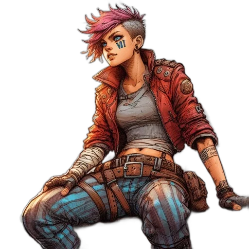 jacket, weapon, concept art, cyberpunk, comic book art, pixel art, red, colorful transparent PNG cut-out