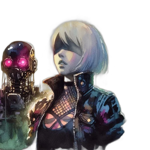 robot, jacket, cyberpunk, concept art, comic book art, watercolor, outer space, neon lights transparent PNG cut-out