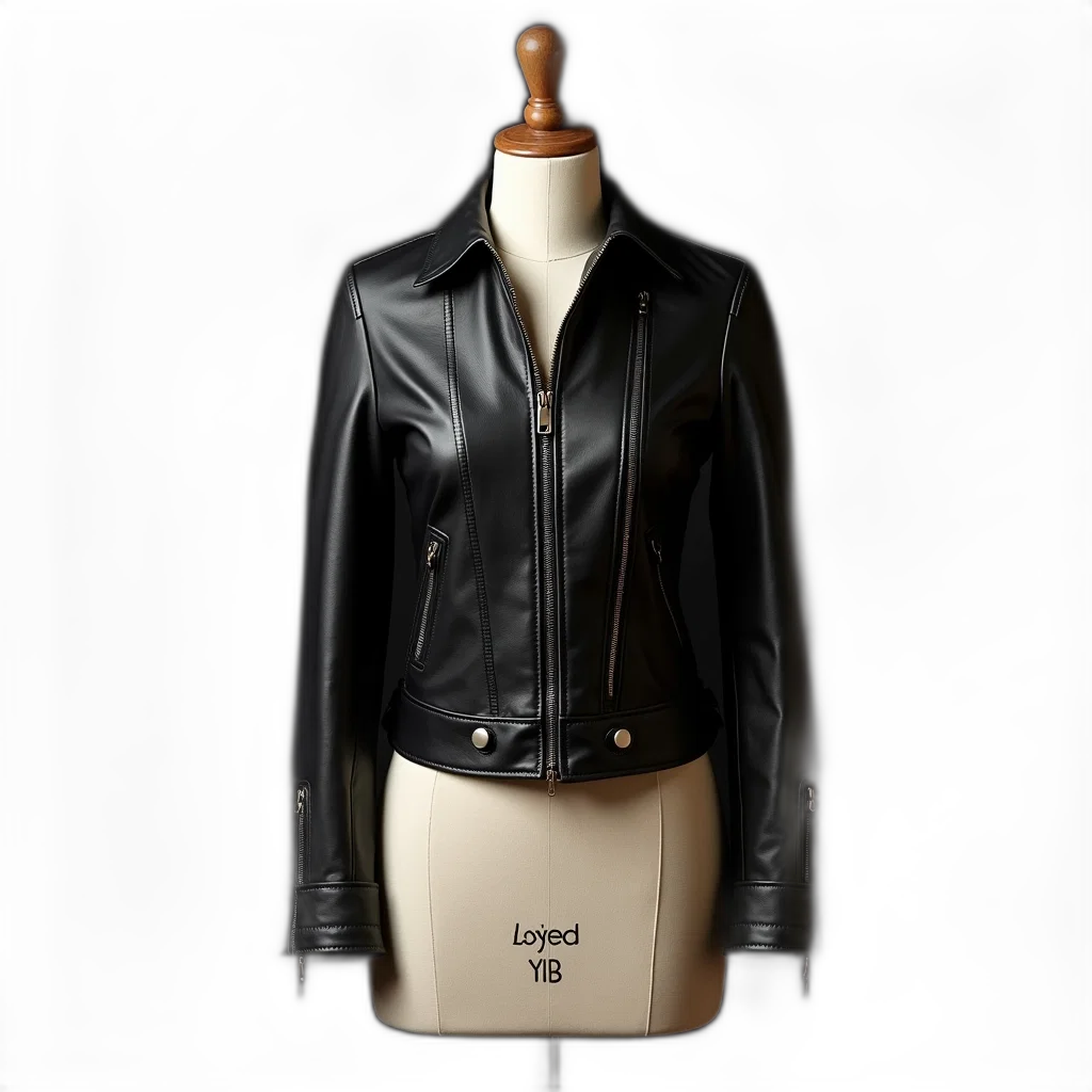 jacket, jewelry, 3d render, dark, black, leather, zipper, front transparent PNG cut-out