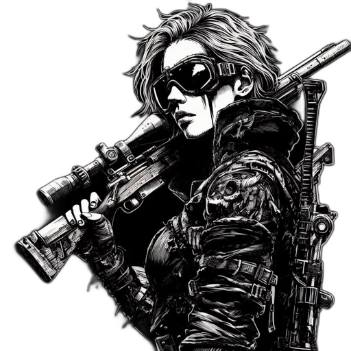 weapon, cyberpunk, comic book art, concept art, cartoon, illustrated, woman, donning transparent PNG cut-out
