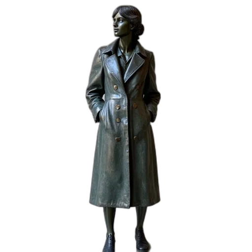 jacket, dress, staff, 3d render, photorealistic, bronze, statue, woman transparent PNG cut-out