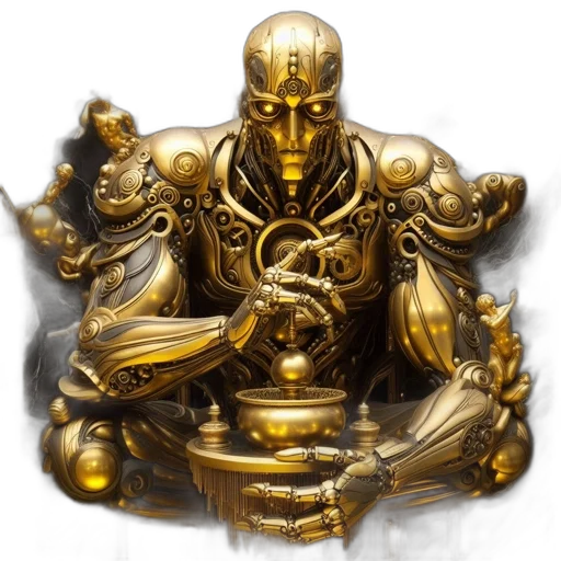 jewelry, robot, crown, sword, concept art, fantasy art, 3d render, photorealistic transparent PNG cut-out