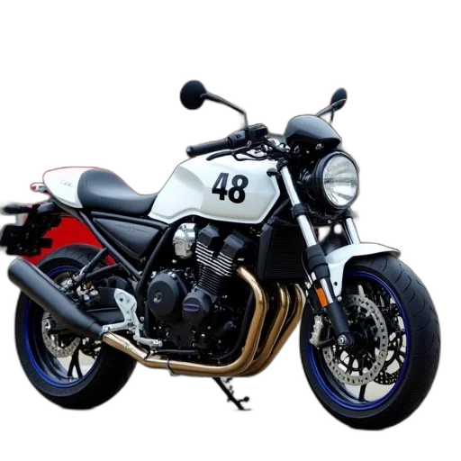photorealistic, 3d render, white, black, motorcycle, number, parked, outside transparent PNG cut-out