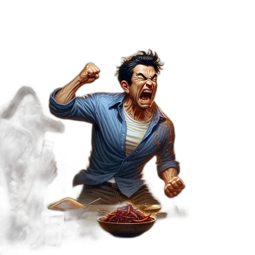 food, concept art, fantasy art, comic book art, pixel art, fire, fog, man transparent PNG cut-out
