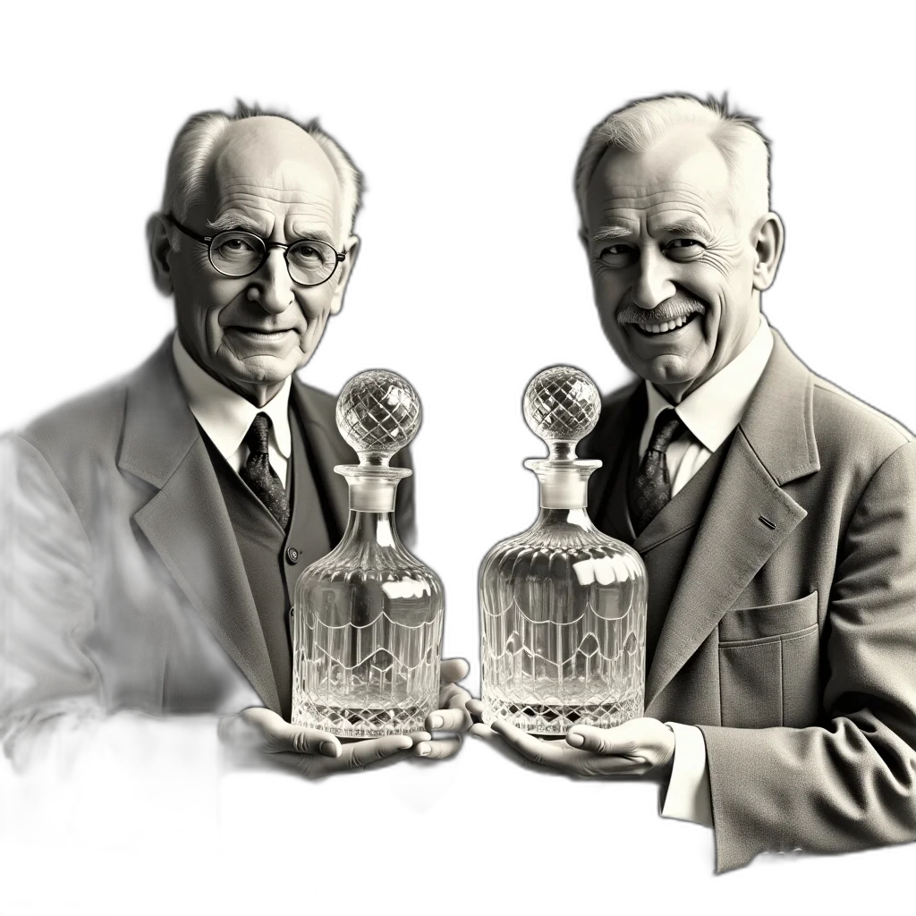 bottle, vintage, photograph, two, elderly, men, holding, crystal transparent PNG cut-out