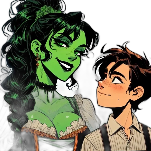 comic book art, concept art, cartoon, green, two, animated, characters, one transparent PNG cut-out