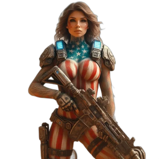 weapon, concept art, comic book art, fantasy art, pixel art, woman, american-flag, designed transparent PNG cut-out