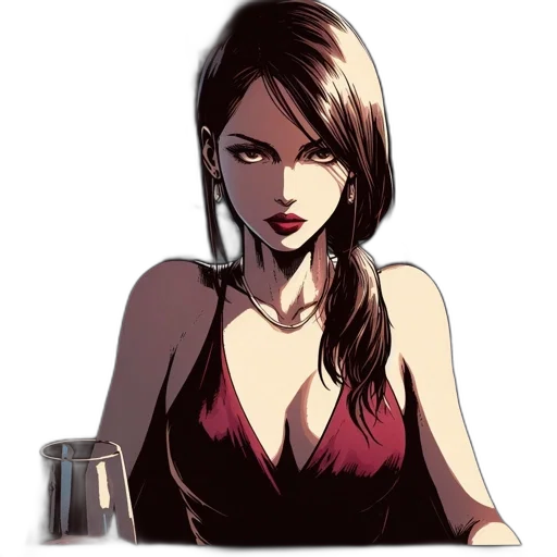 dress, jewelry, face, comic book art, cartoon, concept art, pixel art, red transparent PNG cut-out
