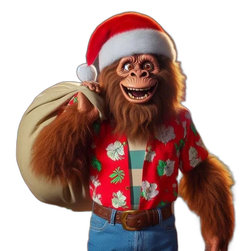 staff, animal, creature, 3d render, concept art, humorous, gorilla-like, santa transparent PNG cut-out