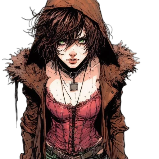 jacket, comic book art, concept art, cyberpunk, fantasy art, red, dark, earth tones transparent PNG cut-out
