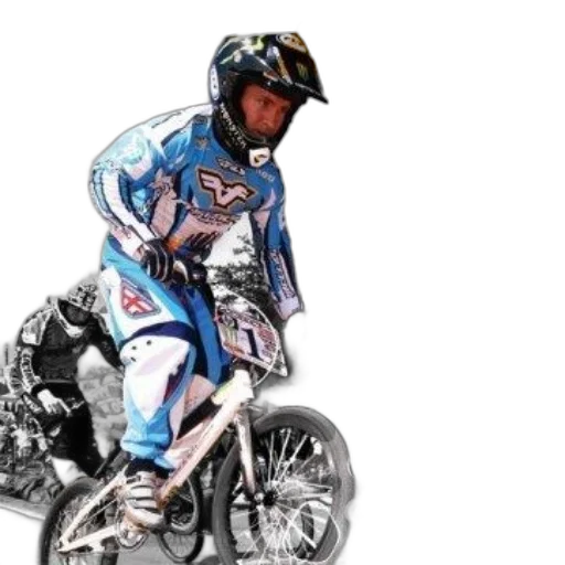 photorealistic, concept art, cartoon, bmx, rider, blue, white, gear transparent PNG cut-out