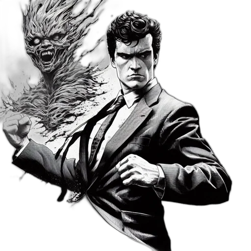 comic book art, concept art, fantasy art, intense, cityscape, man, suit, confronts transparent PNG cut-out