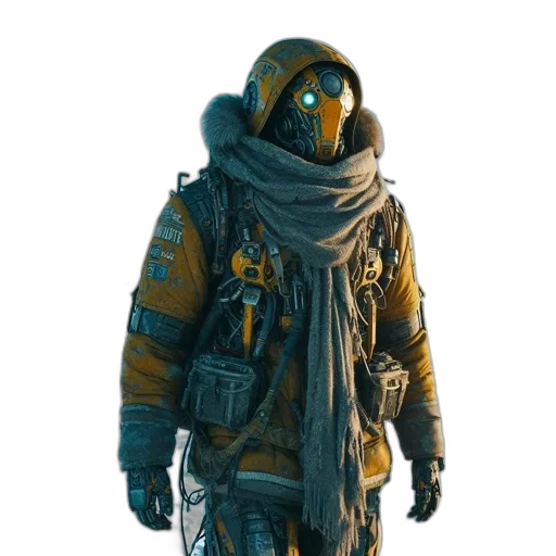 jacket, mask, staff, creature, concept art, cyberpunk, 3d render, fantasy art transparent PNG cut-out