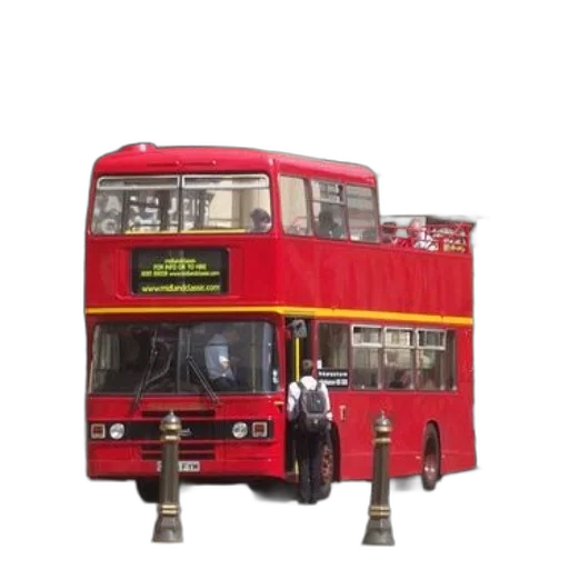 3d render, photorealistic, concept art, red, double-decker, bus, parked, front transparent PNG cut-out
