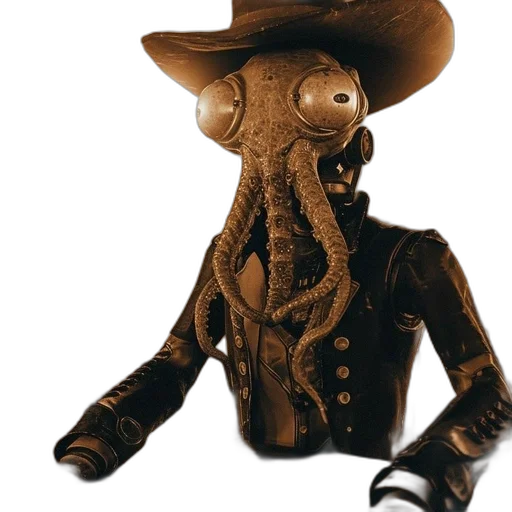mask, jacket, hat, robot, concept art, 3d render, steampunk, saloon transparent PNG cut-out