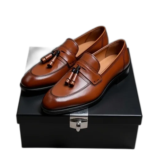 shoes, photorealistic, pair, brown, leather, loafers, tassel, details transparent PNG cut-out